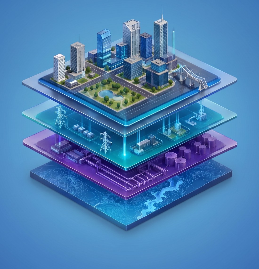 Layered isometric visualisation of an AI-enabled urban digital twin, showing terrain, utilities and city layers